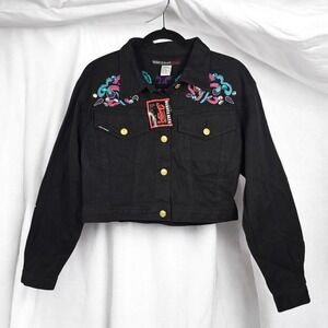Vintage Dakota Blue Black Denim‎ Cropped Jacket Embellished Woman Large NWT Read